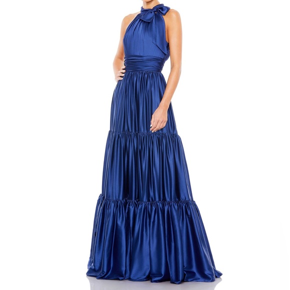Mac Duggal Ruffle Tiered Soft Tie Halter Neck Gown in Sapphire Blue - Picture 1 of 12